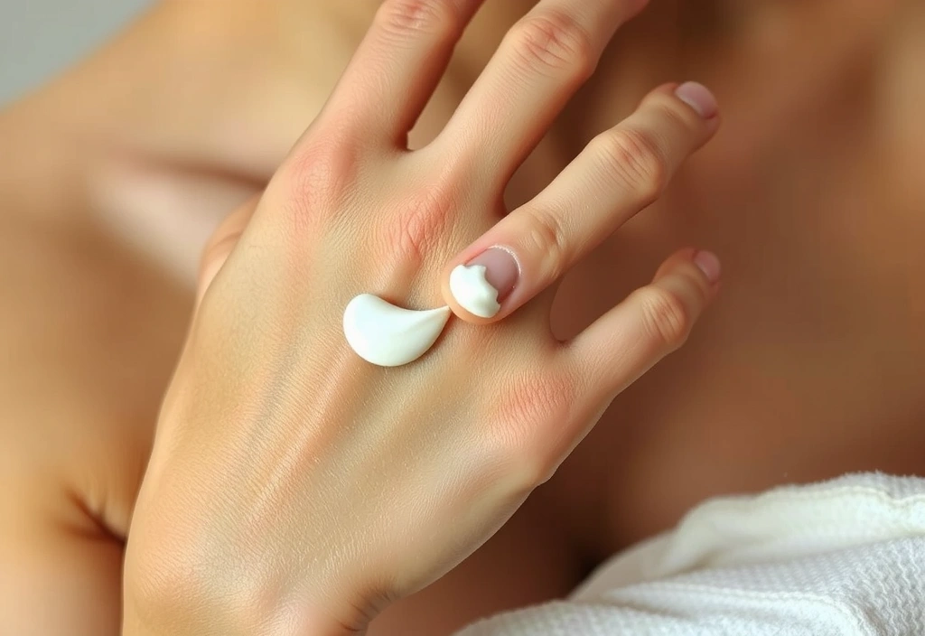 Close-up of a hand applying a natural cream to skin