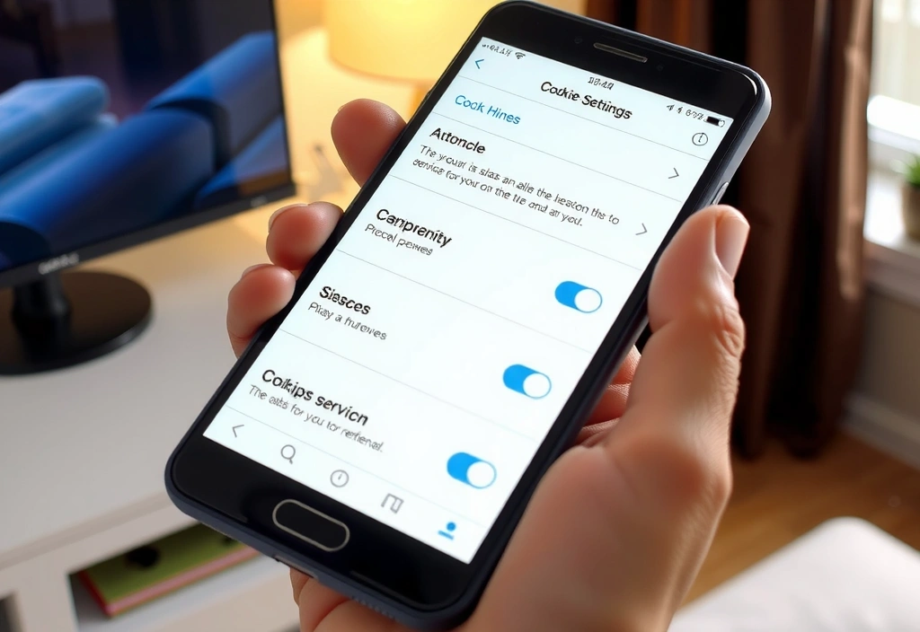 A hand holding a smartphone with cookie settings visible, symbolizing user control over privacy