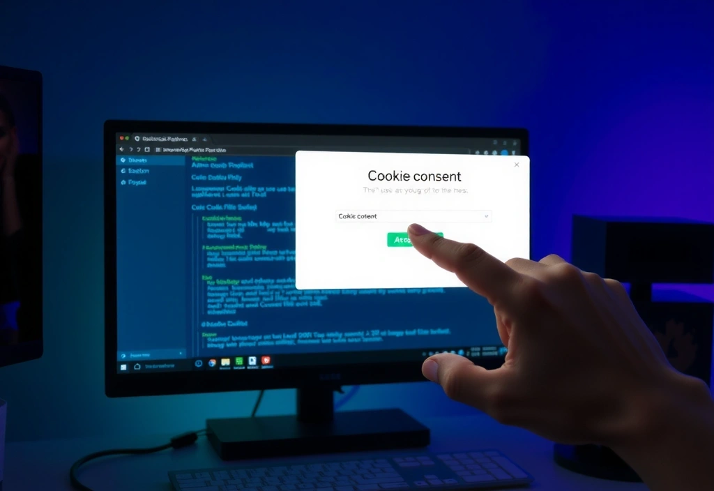 Close-up of a computer screen showing cookie consent pop-up with a hand clicking 'Accept'