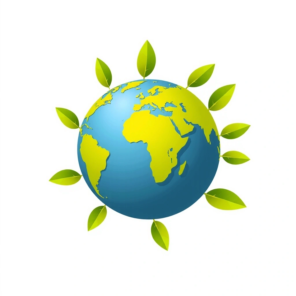A stylized globe with leaves growing around it, symbolizing sustainability